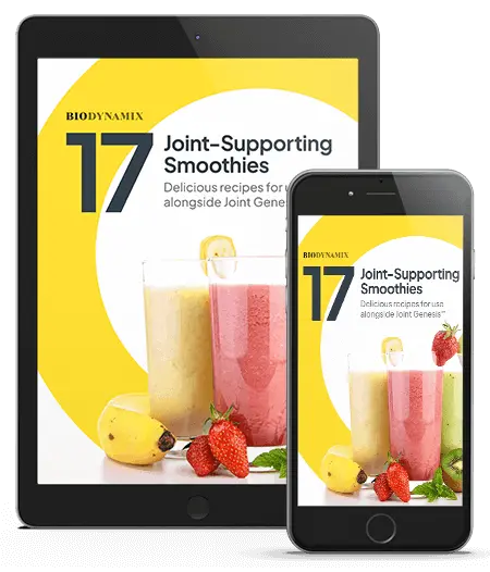 17 Joint-Supporting Smoothies - To supercharge your results, we’ll include our brand-new eBook, 17 Joint-Supporting Smoothie Recipes, absolutely free when you order a 3- or 6-month supply of Joint Genesis™. These delicious, easy-to-make smoothies are packed with nutrients that help calm inflammation, support mobility, and deliver faster, more noticeable relief. Each recipe takes only minutes to prepare and makes the perfect energizing breakfast or refreshing afternoon snack.